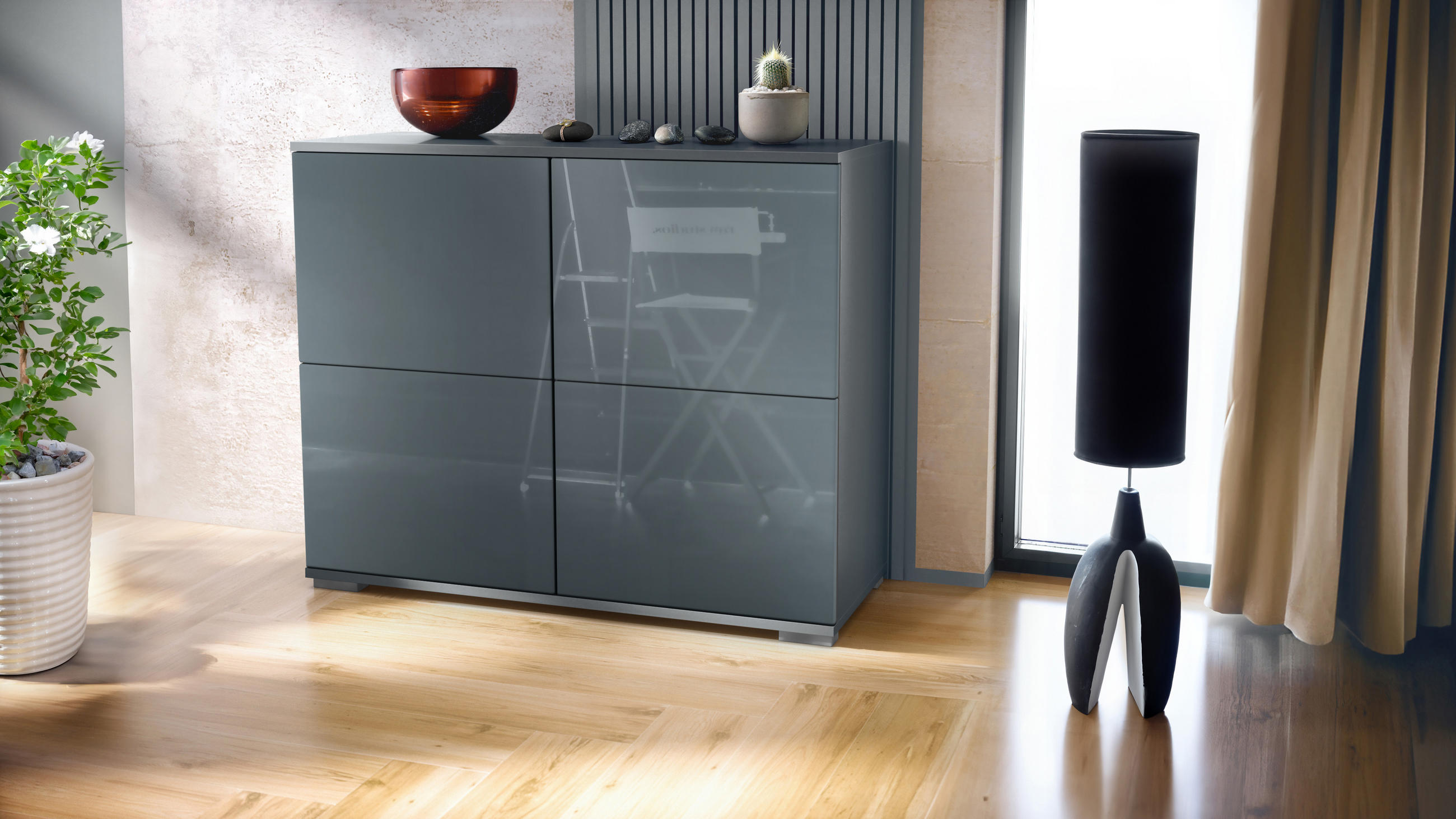 KOMMODE Rova Grau Hochglanz - Grau, Holzwerkstoff (92.5/75.5/35cm) - Vladon