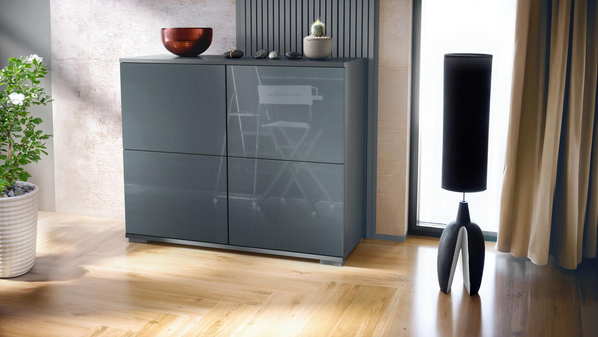 KOMMODE Rova Grau Hochglanz - Grau, Holzwerkstoff (92.5/75.5/35cm) - Vladon
