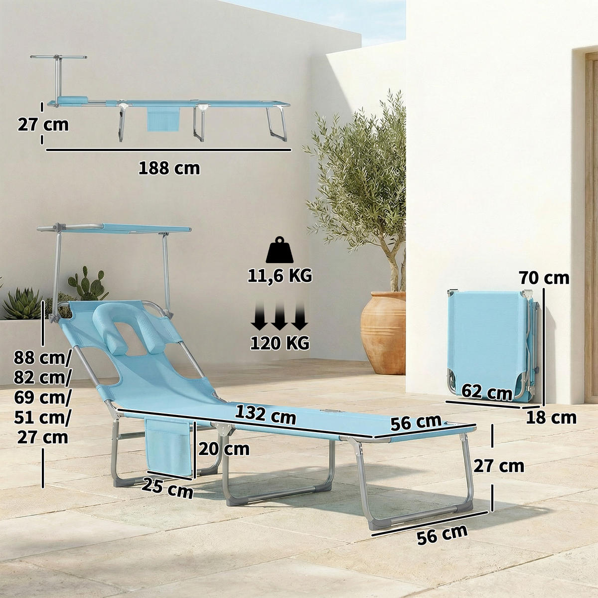 GARTENSONNENLIEGE, 2er-Set, Blau, 360° Sonnendach, Gesichtsöffnung, Seitentasche - Blau, Metall (188/27/56cm) - Vallsero