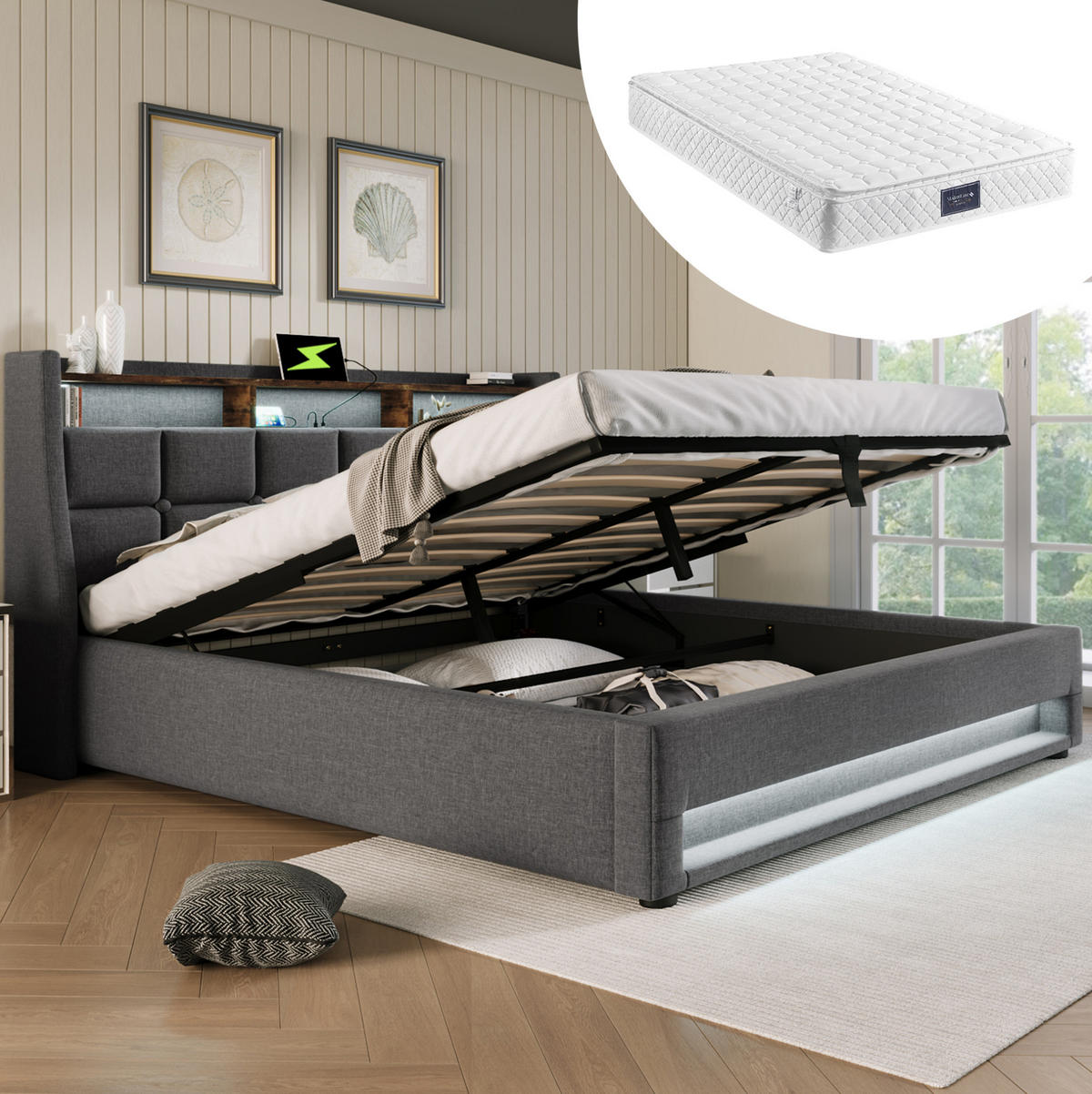 POLSTERBETT aus Leinenmaterial 140x200 cm Grau mit Matratze, LED-Beleuchtung, USB und Stauraum - Grau, Textil (140/200cm) - IVMEU