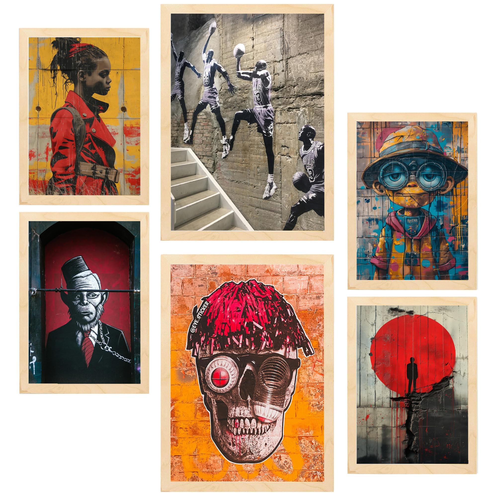 POSTER Set Mit 6 Graffiti Straßenkunst A3 & A4 Rahmen Aus Hellem Holz - Beige, Papier (29/3cm) - Nacnic