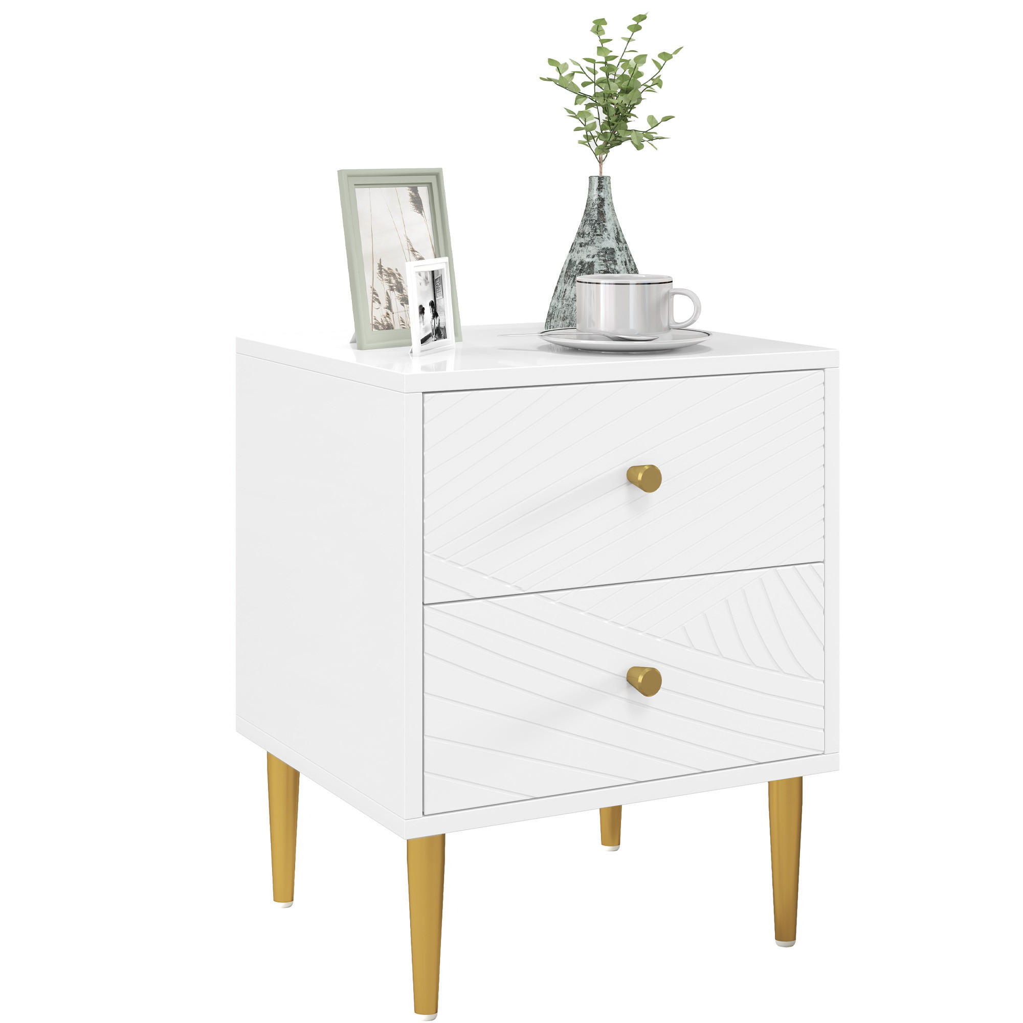 NACHTSCHRANK DE-12858 2 Schubladen, goldene Akzente Weiß - Weiß, Holzwerkstoff (35/50/40cm) - ComfortXL