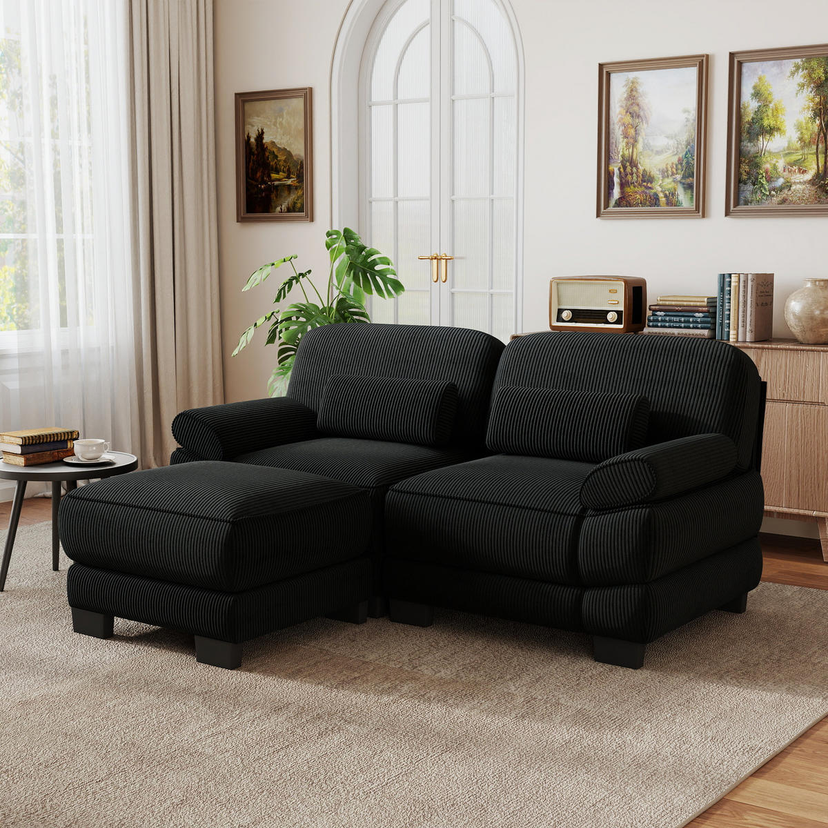 ECKSOFA 2-Sitzer L-Form mit Hocker, DE-42659, Schwarz - Schwarz, Holz (194/161cm) - ComfortXL