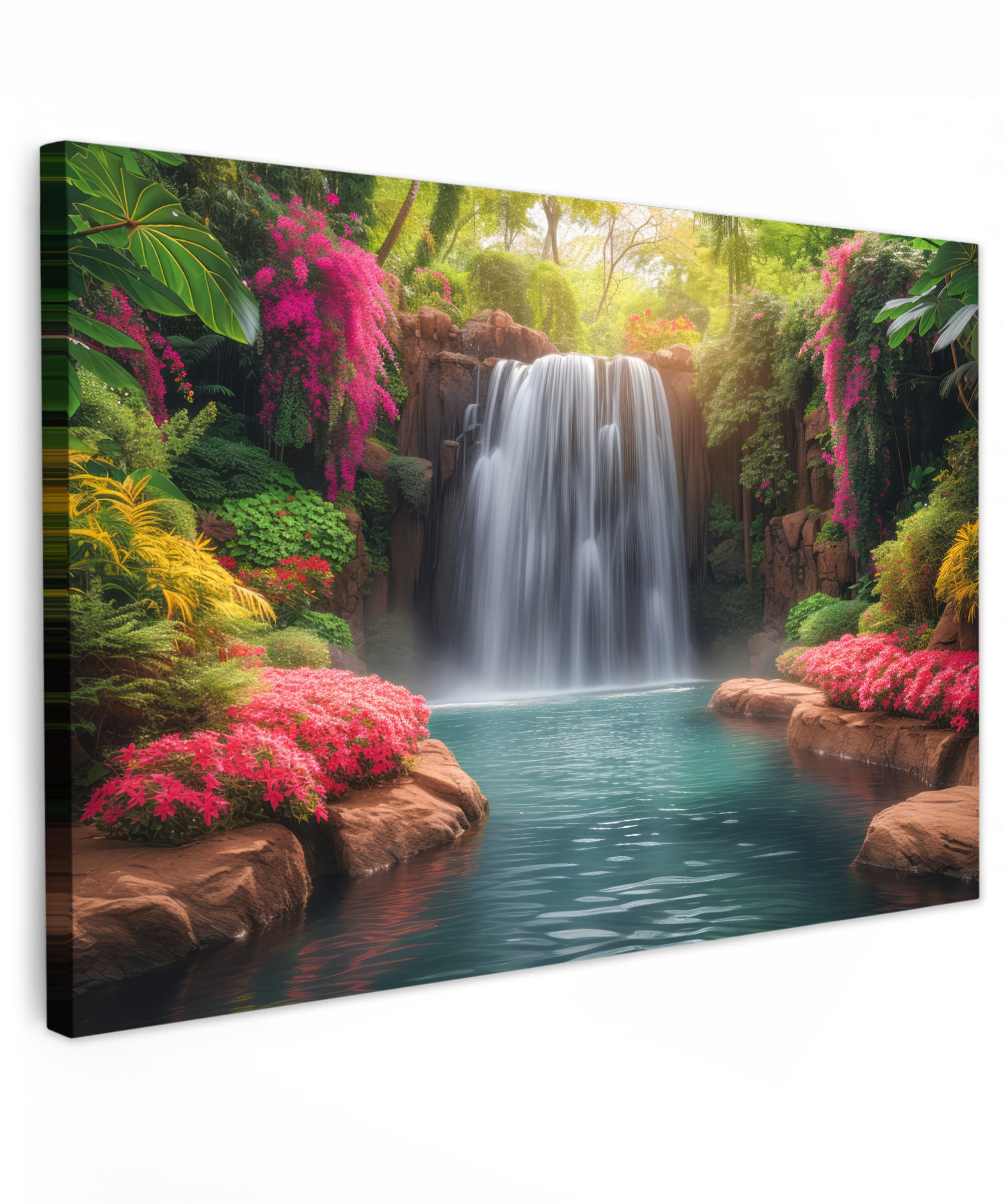 LEINWANDBILD Wasserfall - Natur - Pflanzen - Dschungel - Wasser XXL 150x100 cm - Grün, Textil (150/100cm) - MuchoWow