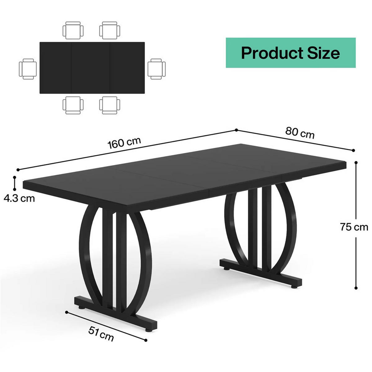 ESSTISCH 160x80x75 cm Metallgestell 4–6 Personen Schwarz - Schwarz, Metall (160/80/75cm) - Kaket