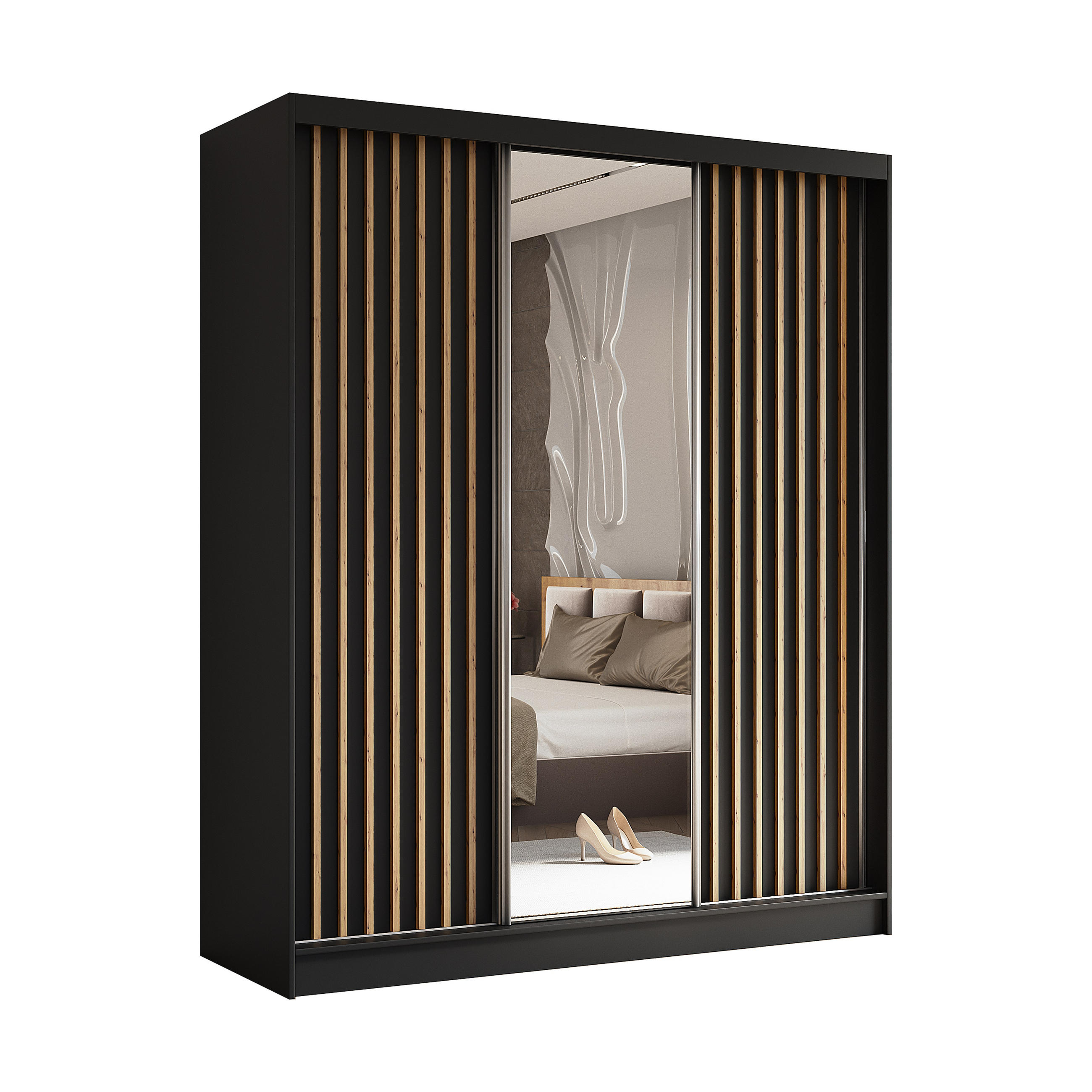 SCHWEBETÜRENSCHRANK LAMELLO 180/216/61 cm 3-türig mit Spiegel Schwarz - Schwarz, Holzwerkstoff (180/216/61cm) - MASSENO