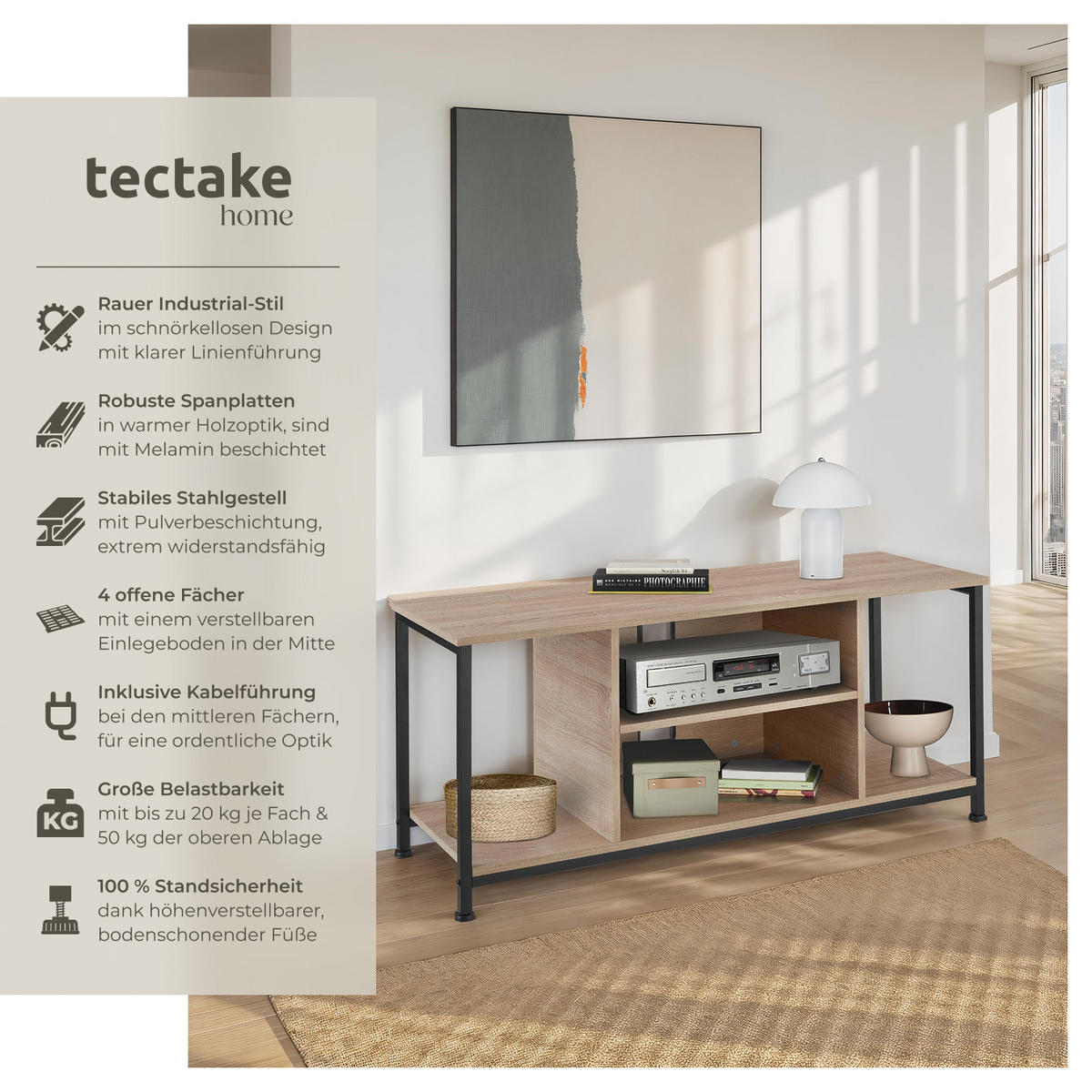 TV-REGAL Austin,110 x 40 x 50,5 cm,Industrial Holz hell, Eiche Sonoma - Naturfarben, Holzwerkstoff (40/50.5/110cm) - tectake
