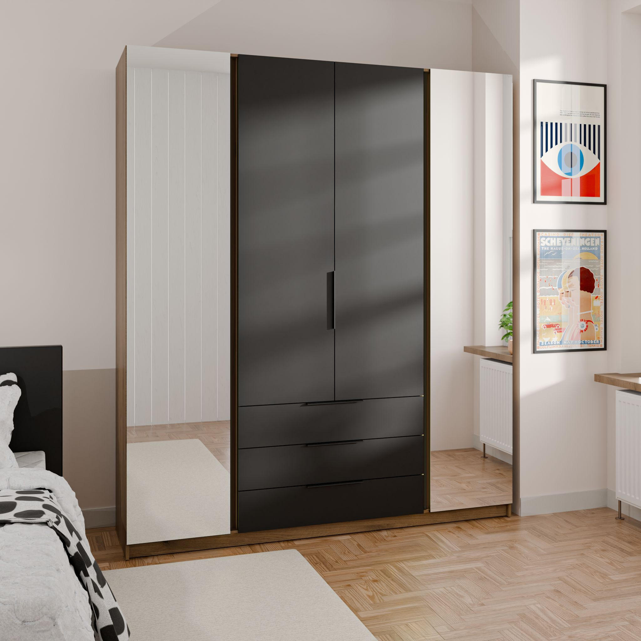 DREHTÜRENSCHRANK CAGLIARI 200/239/61,9cm 4-türig mit Spiegel Goldfarben - Goldfarben/Schwarz, Holzwerkstoff (200/239/61.9cm) - MASSENO