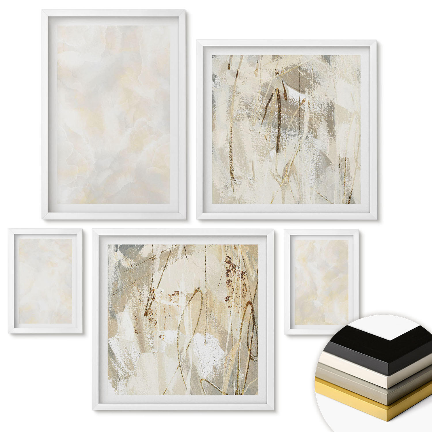 WANDBILDER 5er-Set - 50x50 cm & 20x30 cm & 40x60 cm Weißer Rahmen - Helles Strukturfarbendesign - Weiß, Kunststoff (40/60cm) - ArtPrintCave
