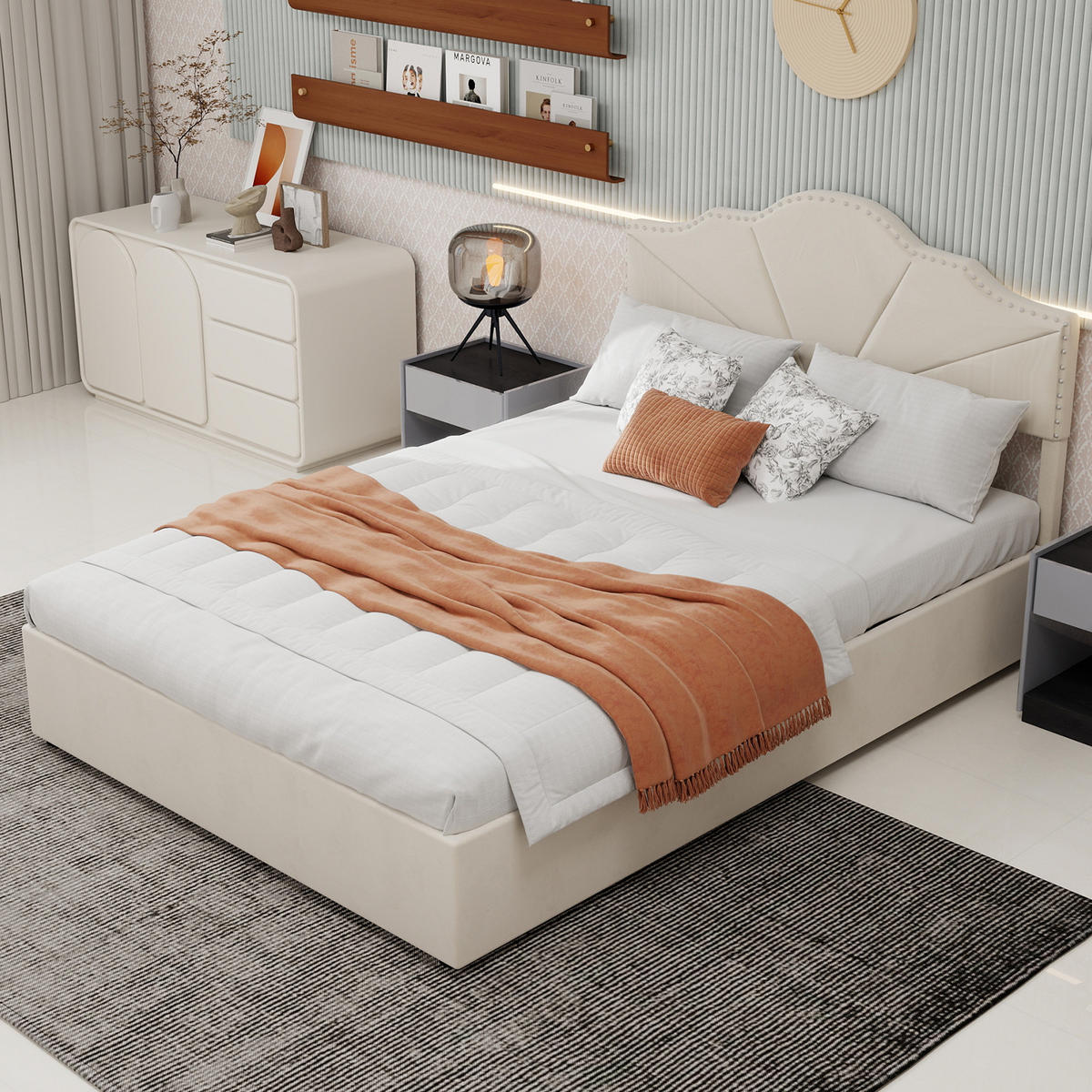 POLSTERBETT 160/200 cm in Beige Stoff mit Gepolstertem Kopfteil - Beige, Holzwerkstoff/Textil (160/200cm) - WISHDOR