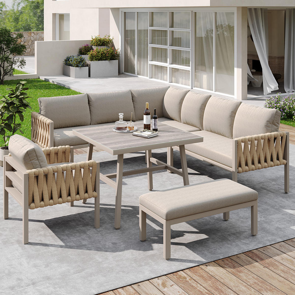 GARTENLOUNGE-SET BEIGE mit Seilgeflecht verstellbaren Beinen und Glastisch inkl. Kissen - Beige, Textil - BLACKCUP