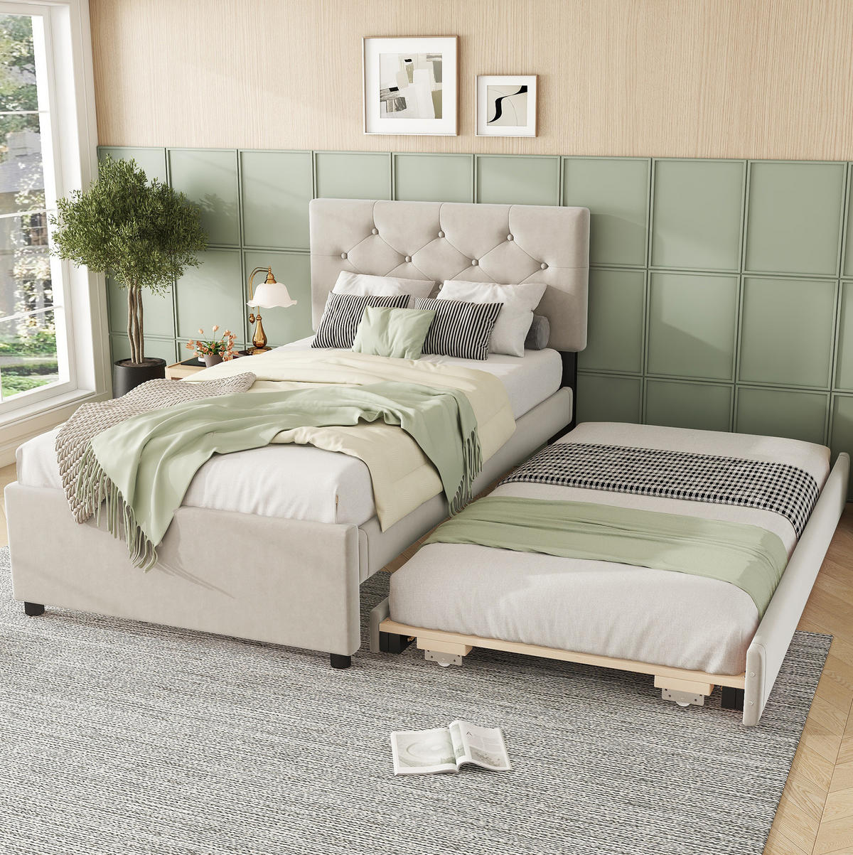 BETT mit Rollbett 90x200 cm Samt Beige - Beige, Metall (90/200cm) - Meubliv