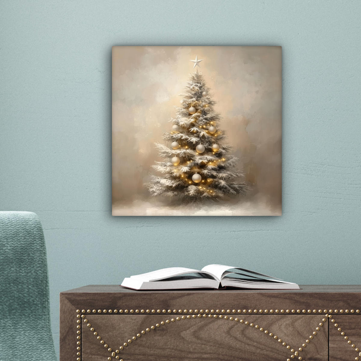 LEINWANDBILD Weihnachten - Weihnachtsbaum - Schnee - Kunst 20x20 cm - Champagner, Textil (20/20cm) - MuchoWow