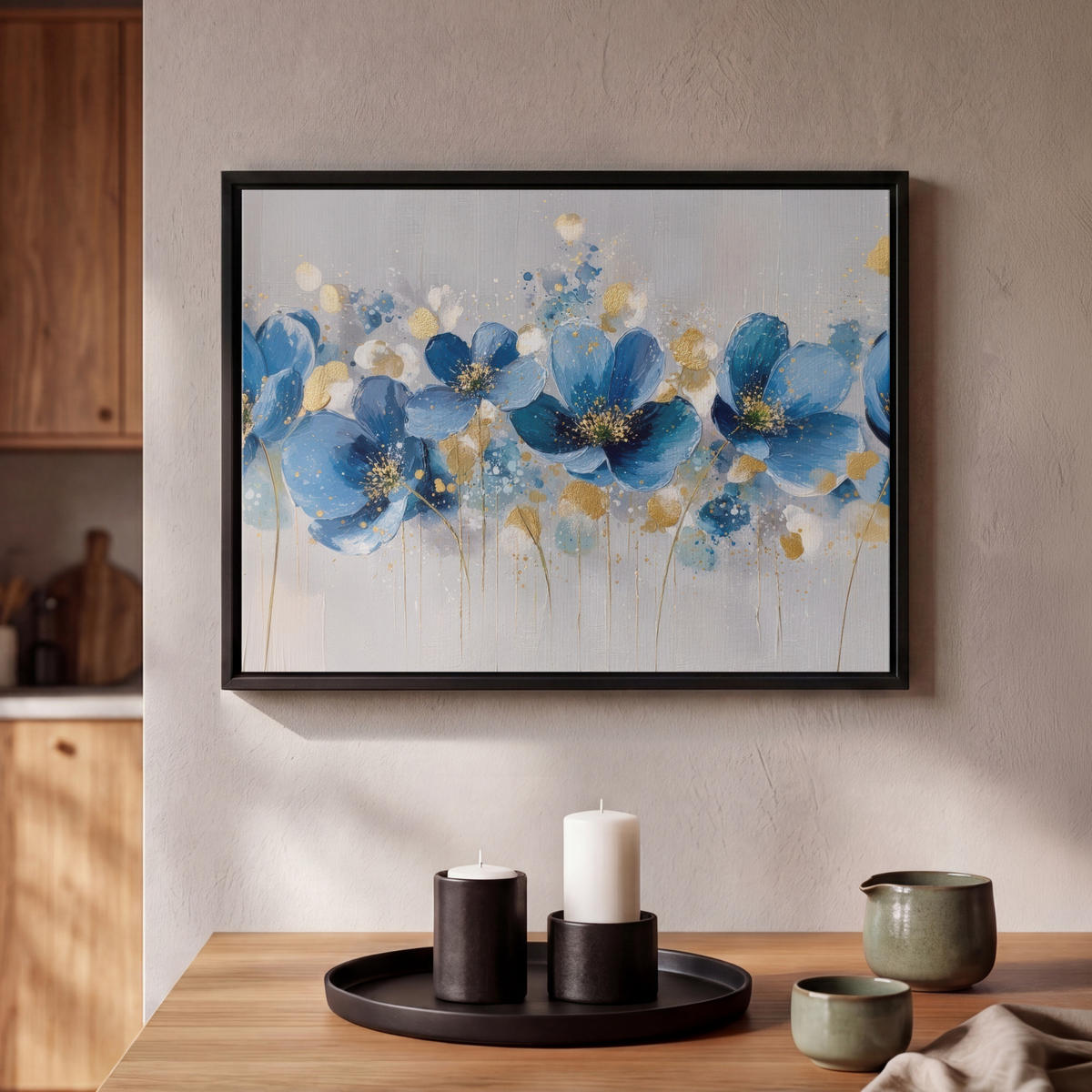 LEINWAND Bilder mit Rahmen - Blumen - Blau - Abstrakt - 40x30 - Hellgrau, Textil (40/30cm) - MuchoWow