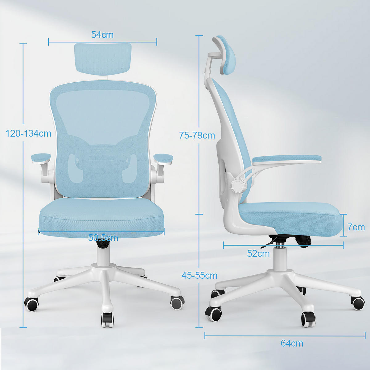 BÜROSTUHL ergonomisch, höhenverstellbar, klappbare Armlehnen, Kopfstütze – Blau - Blau, Metall (50.5/134/52cm) - Rattantree