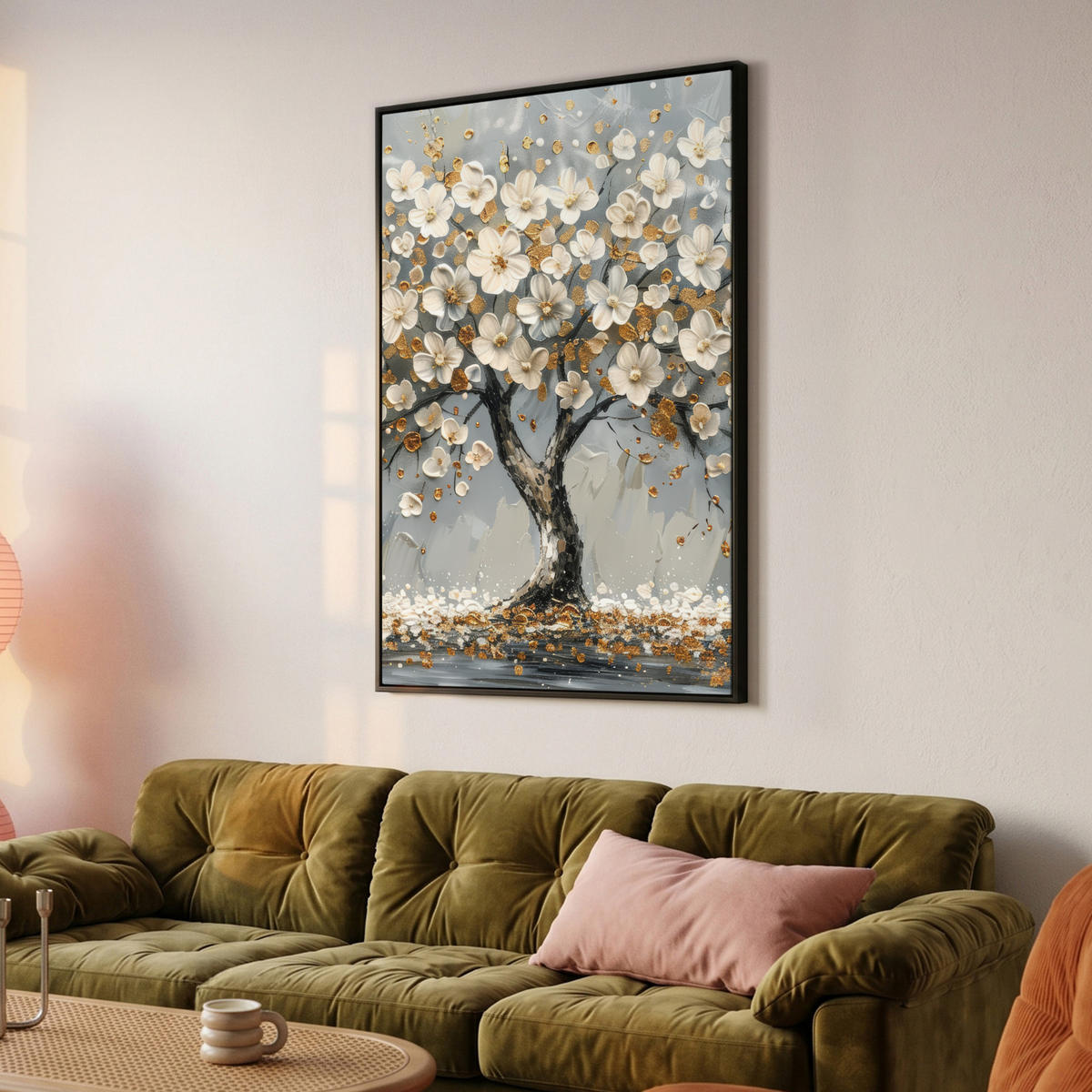 LEINWAND Bilder mit Rahmen - Baum - Blumen - Weiß - Natur - Kunst - 80x120 - Weiß, Textil (80/120cm) - MuchoWow
