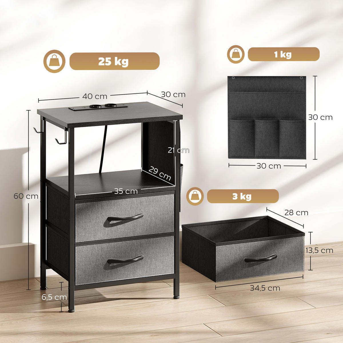 BEISTELLTISCH Spanplatte Stahl Schwarz - Schwarz, Holzwerkstoff/Kunststoff (40/30/60cm) - HOMCOM