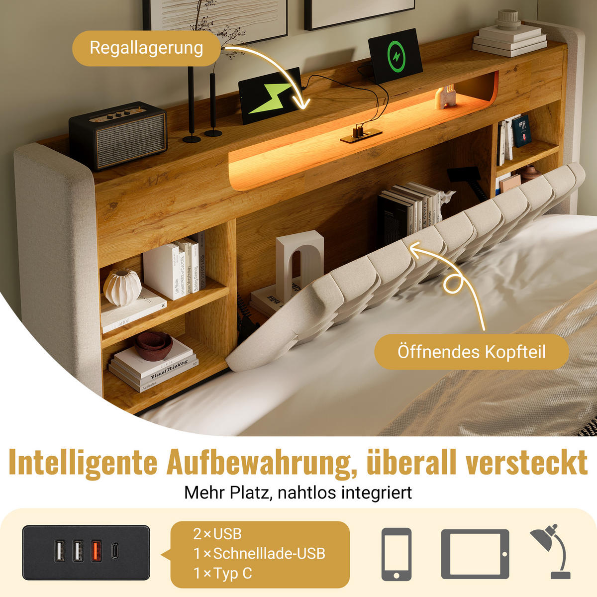 POLSTERBETT 160/200 cm in Beige mit Bettkasten, LED und USB-C - Beige, Holzwerkstoff/Textil (160/200cm) - WISHDOR