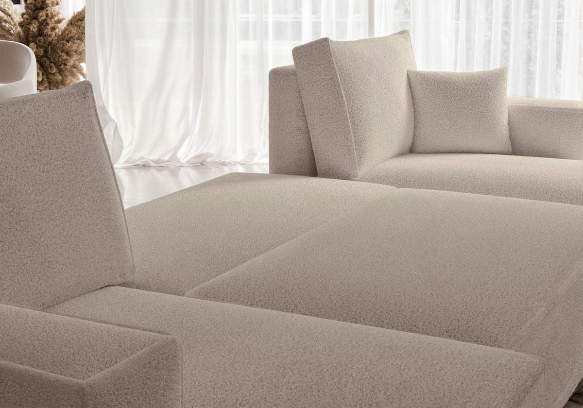 WOHNLANDSCHAFT Scarlo Hellbeige Bouclé-Bezug - Ecru/Schwarz, Kunststoff/Textil (312/83/145cm) - Selsey