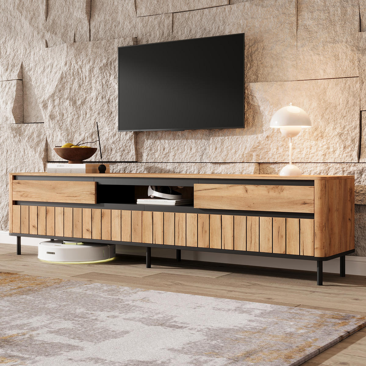 TV-SCHRANK 180/40/52 cm Naturholz mit 2 Schubladen und 2 Klapptüren - Schwarz, Holzwerkstoff/Metall (180/52/40cm) - Oxeza