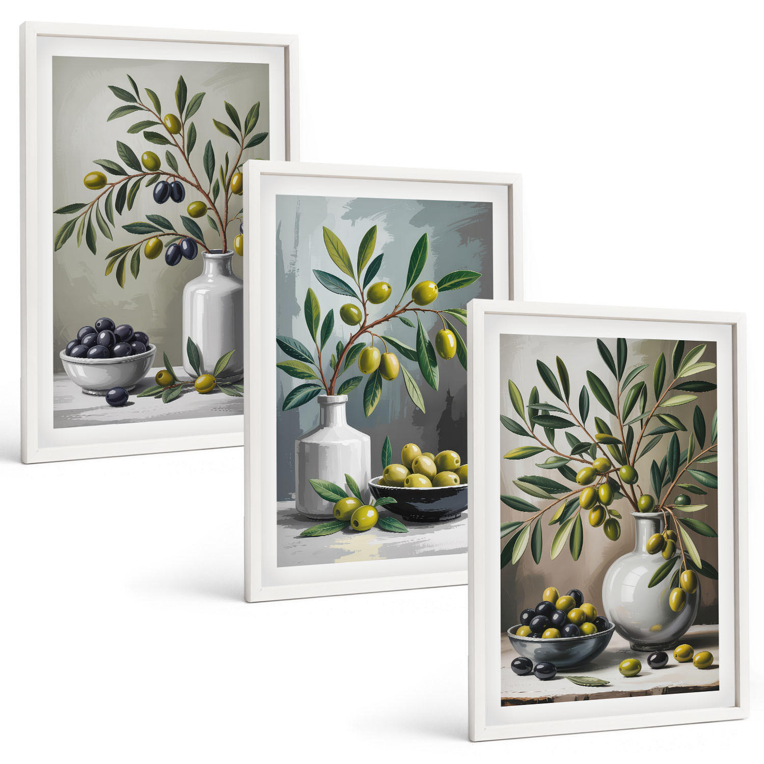 BILDER SET 3er Set - 40x60 cm Weißer Rahmen - Keramik olivgrau - Weiß, Kunststoff (40/60cm) - TULUP