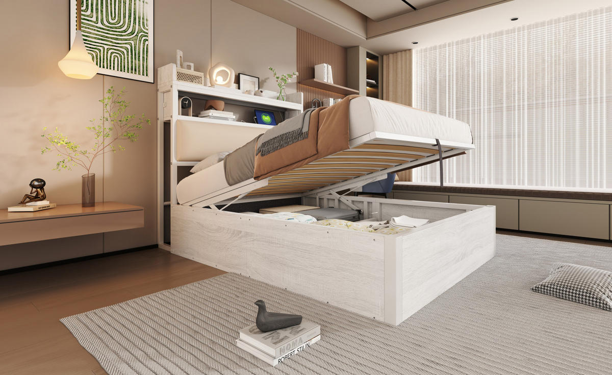 POLSTERBETT 90/200 cm Weiß aus Metall, Stoff und MDF mit Stauraum - Weiß, Metall (90/200cm) - OKMYHOME