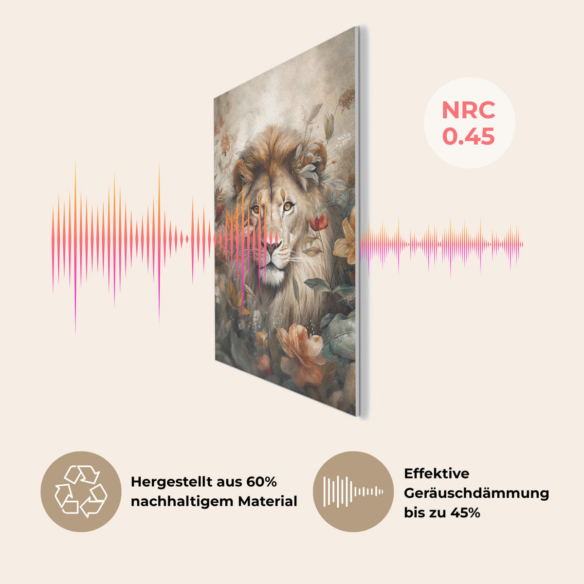 AKUSTIKBILD Löwe - Wildtiere - Pflanzen - Natur - Blumen Wanddeko 60x90 cm - Beige, Kunststoff (60/90/0.9cm) - MuchoWow