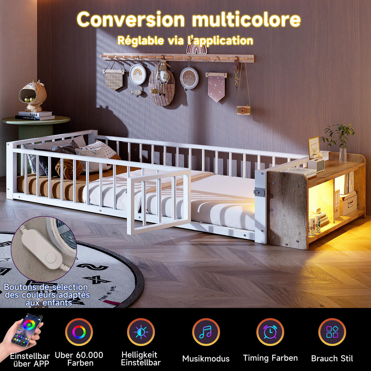 METALLBETT 90x200 cm LED Schubladen weiß - Weiß, Holzwerkstoff (90/200cm) - LEBENLANG