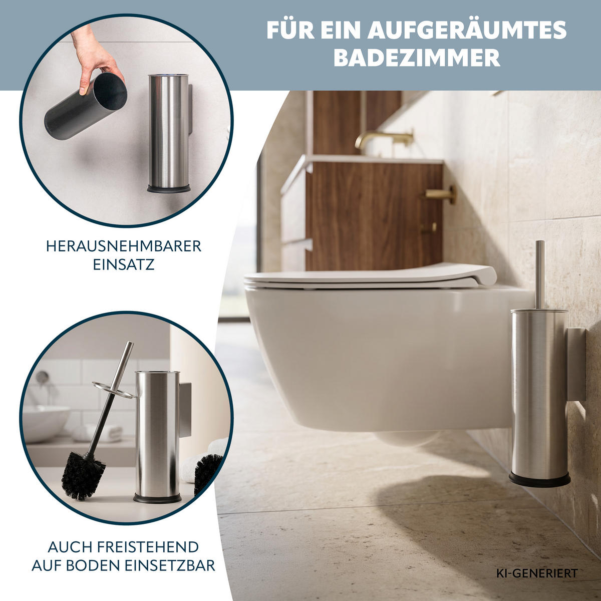 WC-GARNITUR inkl. Wandhalterung, Edelstahl - Edelstahlfarben, Metall (10/39/13.5cm) - bremermann