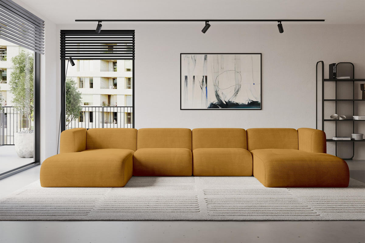 WOHNLANDSCHAFT MIRA-U2 408x179x70 Senfgelb Cord - Currygelb/Schwarz, Holzwerkstoff/Kunststoff (408/70/179cm) - ALTDECOR