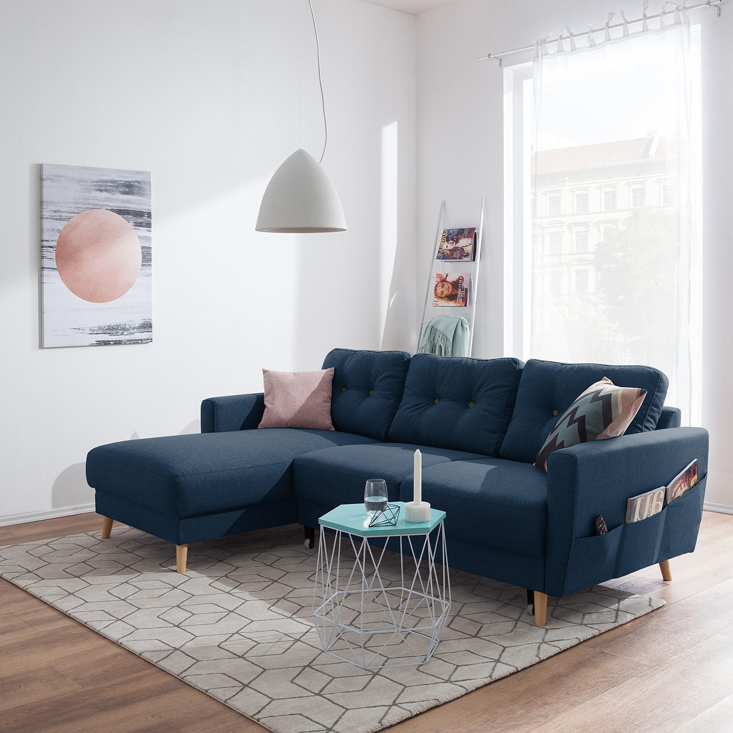 ECKSOFA mit Longchair - Hellbraun/Blau, Textil (233/148cm) - home24