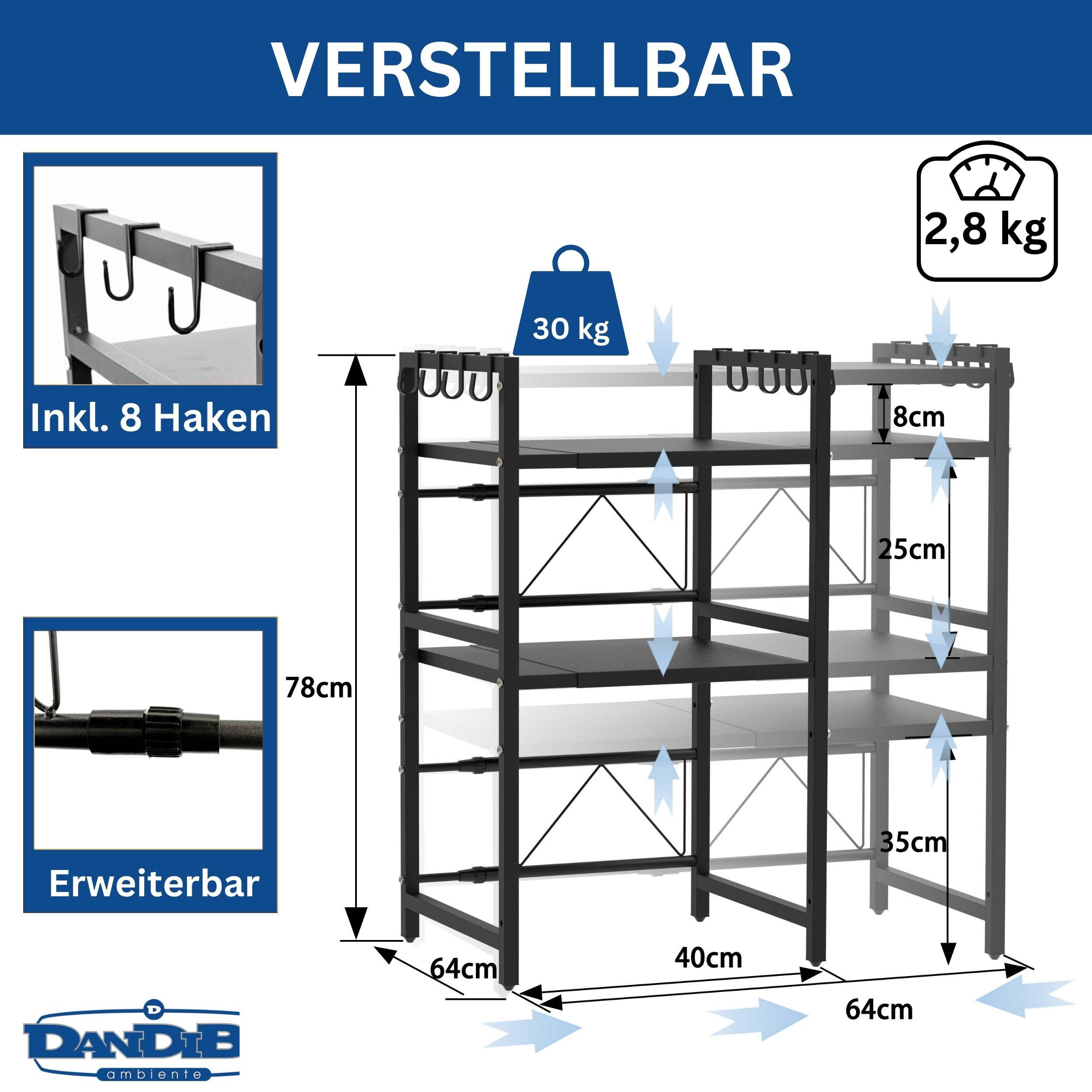 KÜCHENREGAL 3 Stufig Verstellbar 40 - 64 cm Metall - Schwarz, Metall (64/78/36cm) - DanDiBo