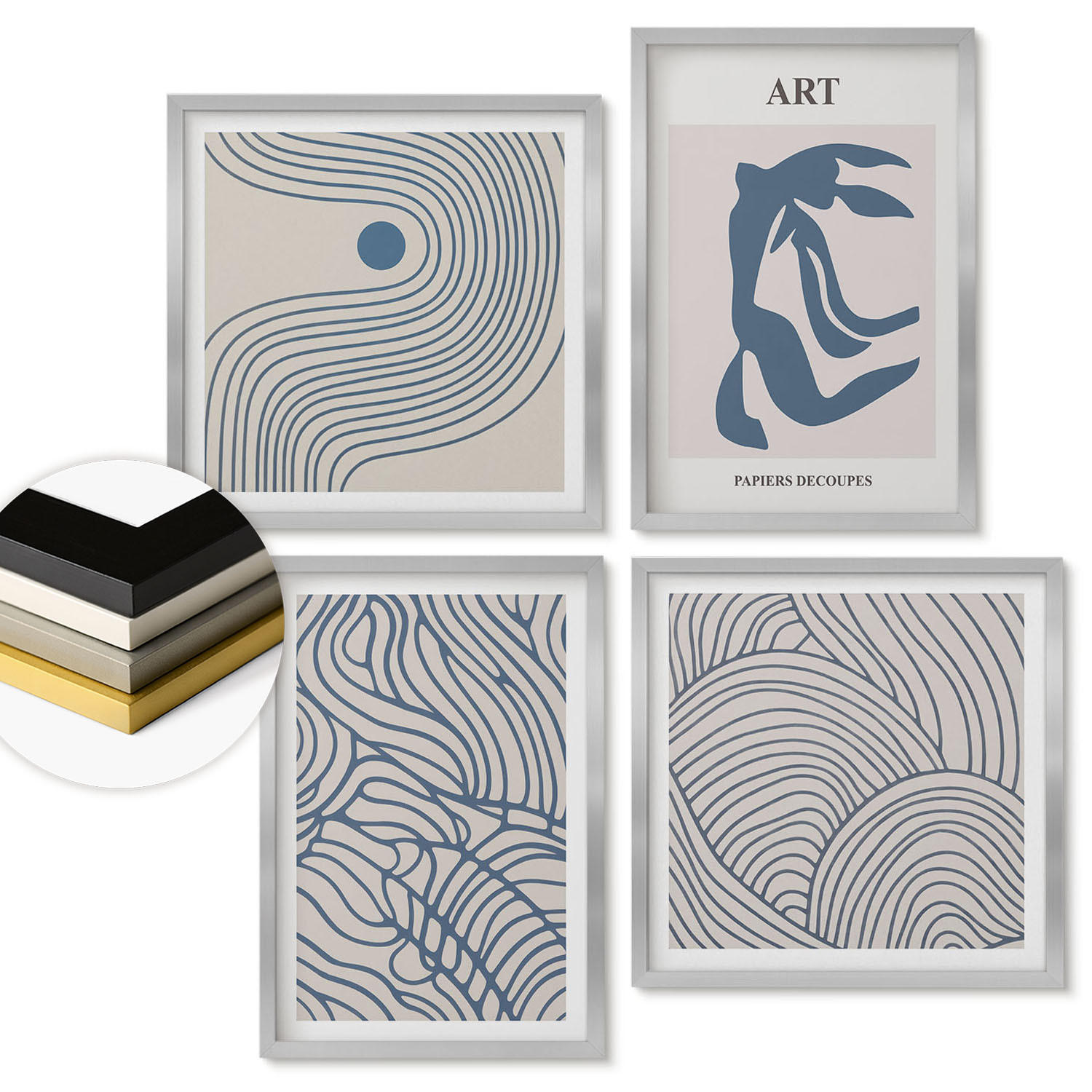 WANDBILDER 4er Set - 50x50 cm & 40x60 cm Silberner Rahmen - Abstrakte blaue Linien - Silberfarben, Kunststoff (50/50cm) - ArtPrintCave