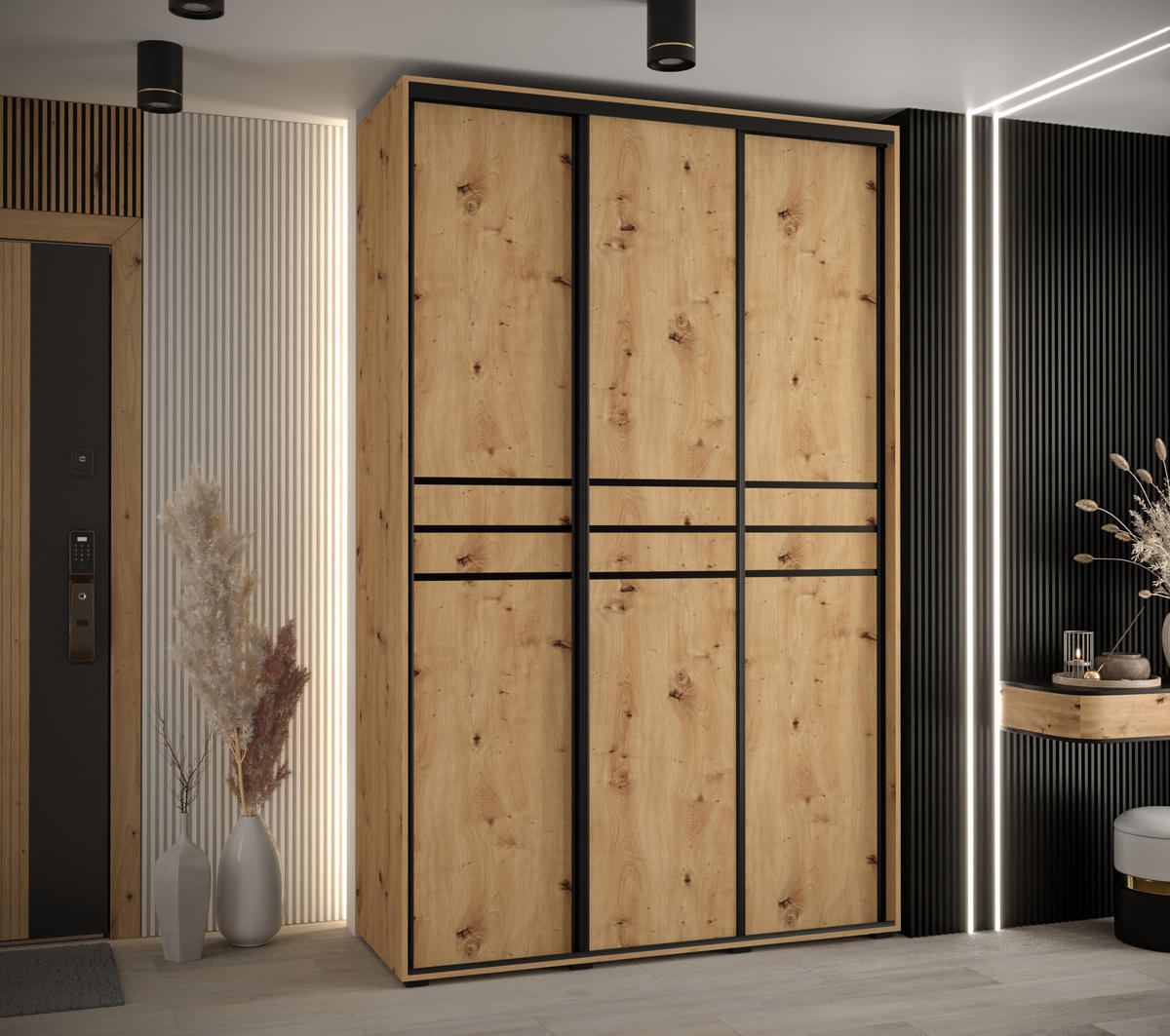 SCHWEBETÜRENSCHRANK 235,2/160/45 3-türig - Schwarz/Eiche Artisan, Holz/Metall (160/235/45cm) - Abiks Möbel
