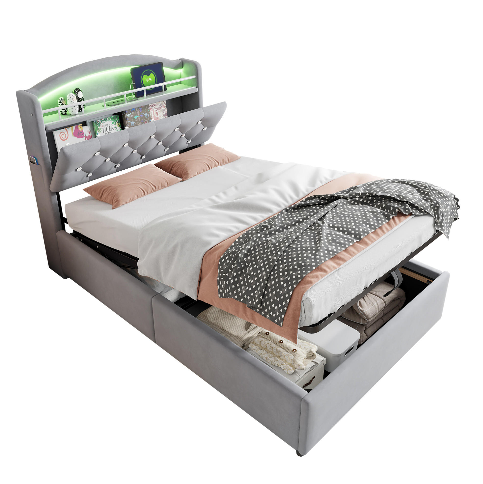 KINDERBETT mit Stauraum 90x200 cm Samt Grau mit LED und USB - Grau, Metall (90/200cm) - Meubliv