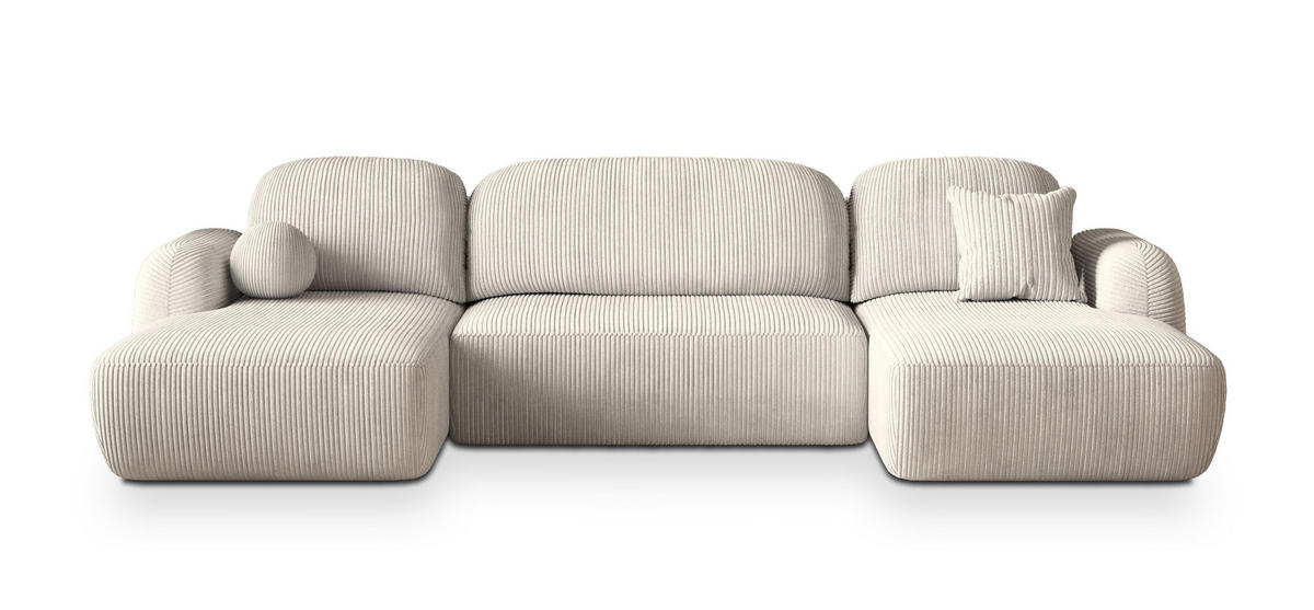 WOHNLANDSCHAFT SAVONA P Creme Kordstoff mit Schlaffunktion - Creme, Holz (320/90/148cm) - MASSENO