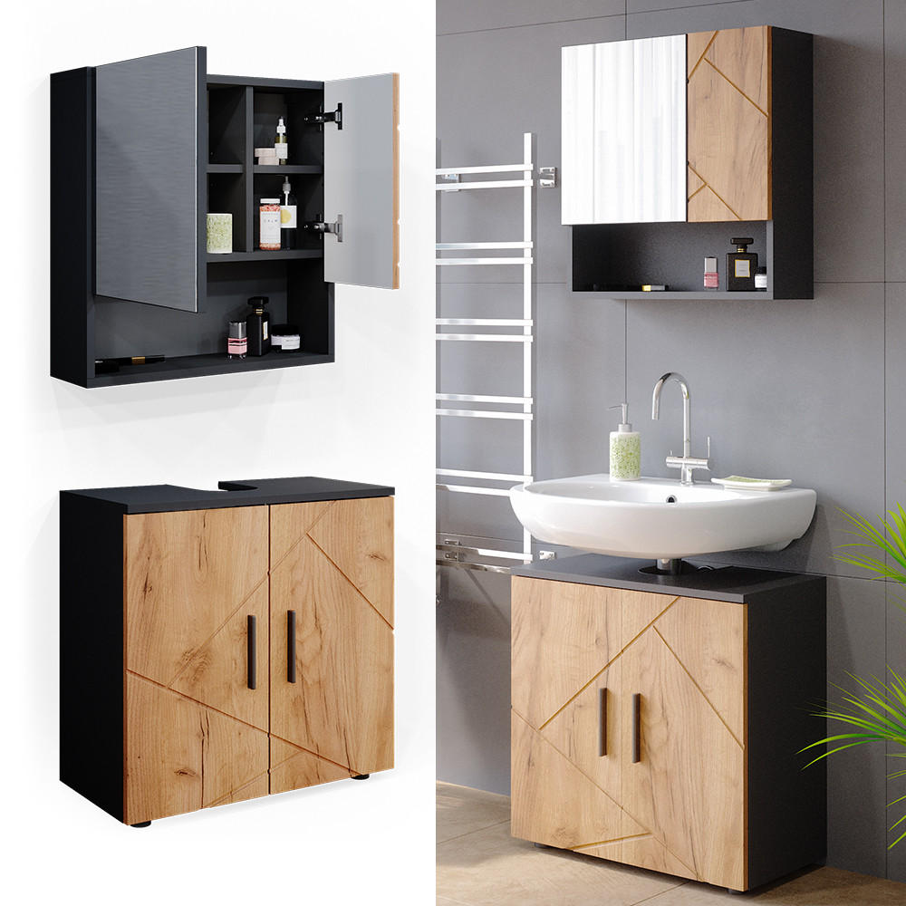 BADMÖBEL-SET Irma Goldkraft Eiche/Anthrazit 2 Teile Unterschrank 60 cm - Anthrazit/Eiche Wotan, Holzwerkstoff (80/58.6/41cm) - Vicco