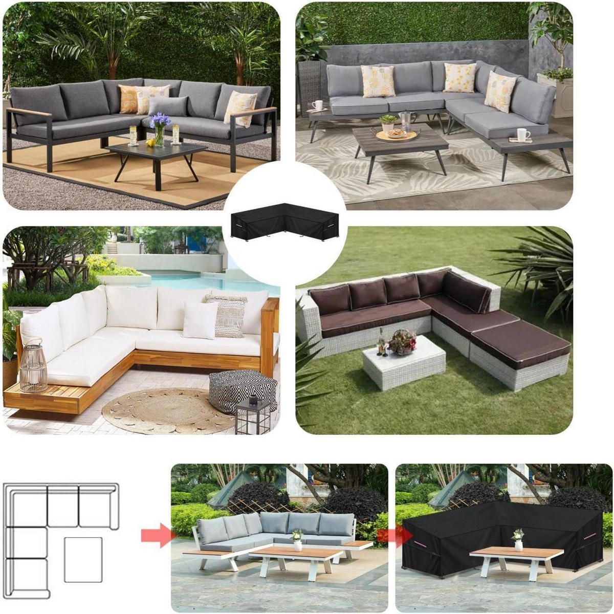 GARTENSOFA Abdeckung L-Form 255x255x87x80/60cm - Schwarz, Textil (87/80/255cm)