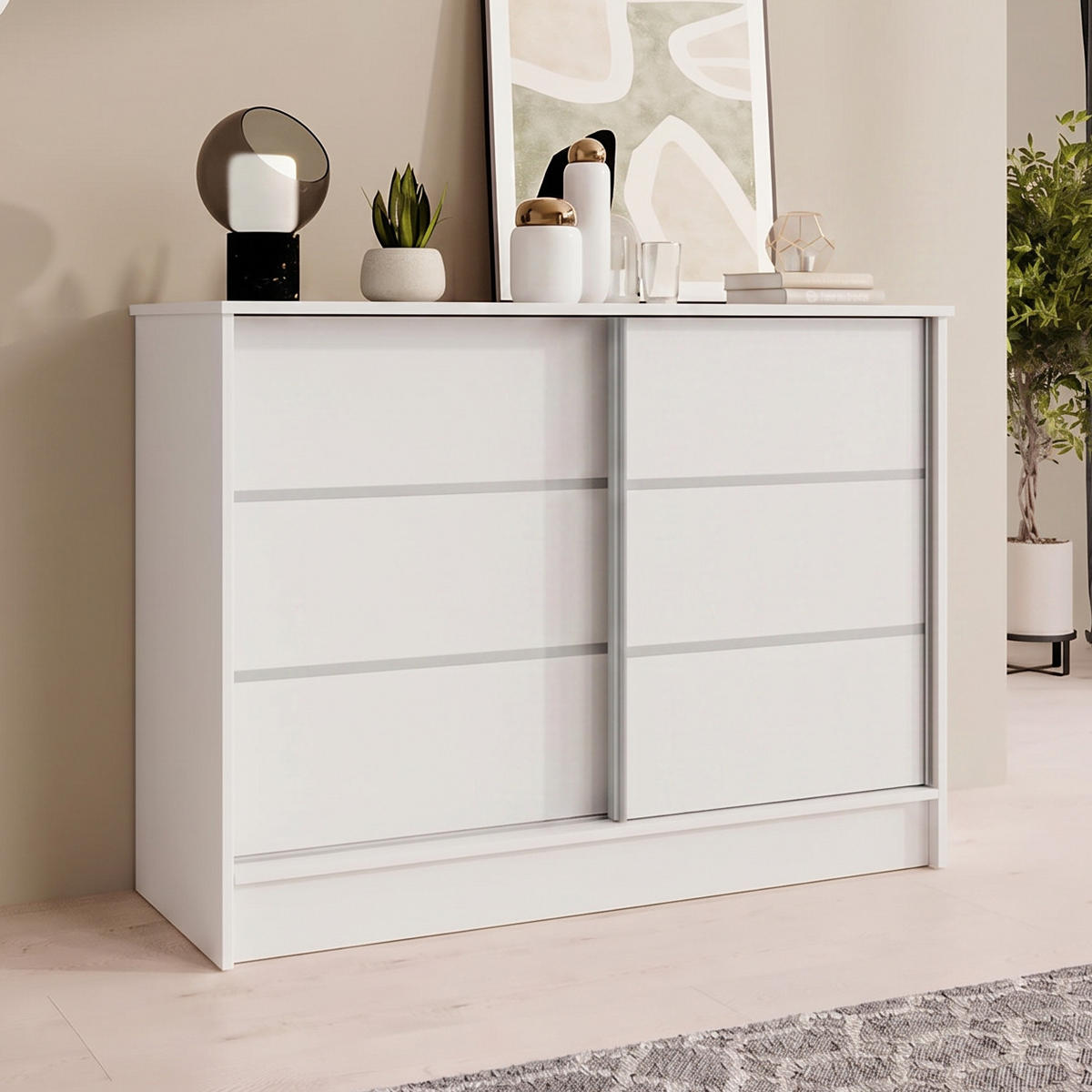 KOMMODE Mirela mit 2 Schiebetüren 100 cm, Weiß - Weiß, Holzwerkstoff (101/85/43.5cm) - Beautysofa
