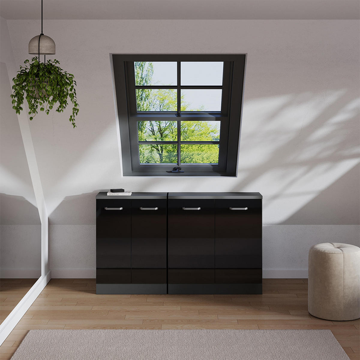 KOMPLET OMAR S POŠEVNO STREHO Rion Črna visok sijaj 140 cm Komplet 2 korpusov omare globina 60 cm - črna/visok sijaj, leseni material (140/83.8/60cm) - Vicco