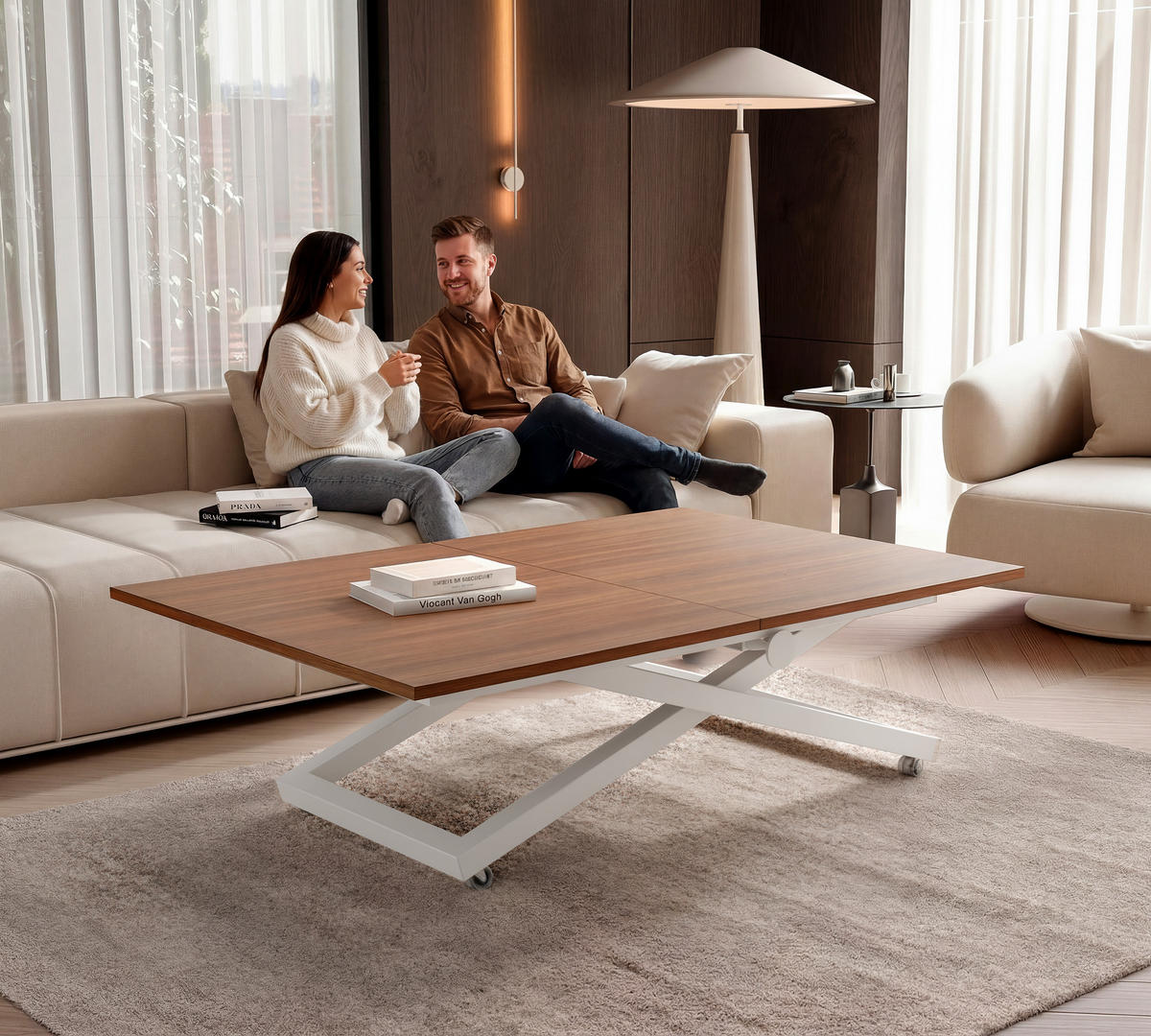 COUCHTISCH ARIA 120-160/80 cm, Höhenverstellbar, Weiß / Franklin-Nussbaum - Nussbaumfarben/Weiß, Holzwerkstoff/Metall (120/80/38cm) - Idohome
