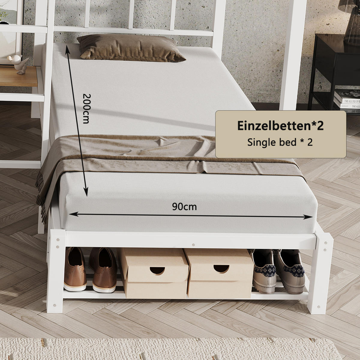ETAGENBETT mit 3 Schlafplätzen 140x200 und 2x90x200 cm in Weiß/Natur - Weiß, Metall (140/200cm) - IVMEU