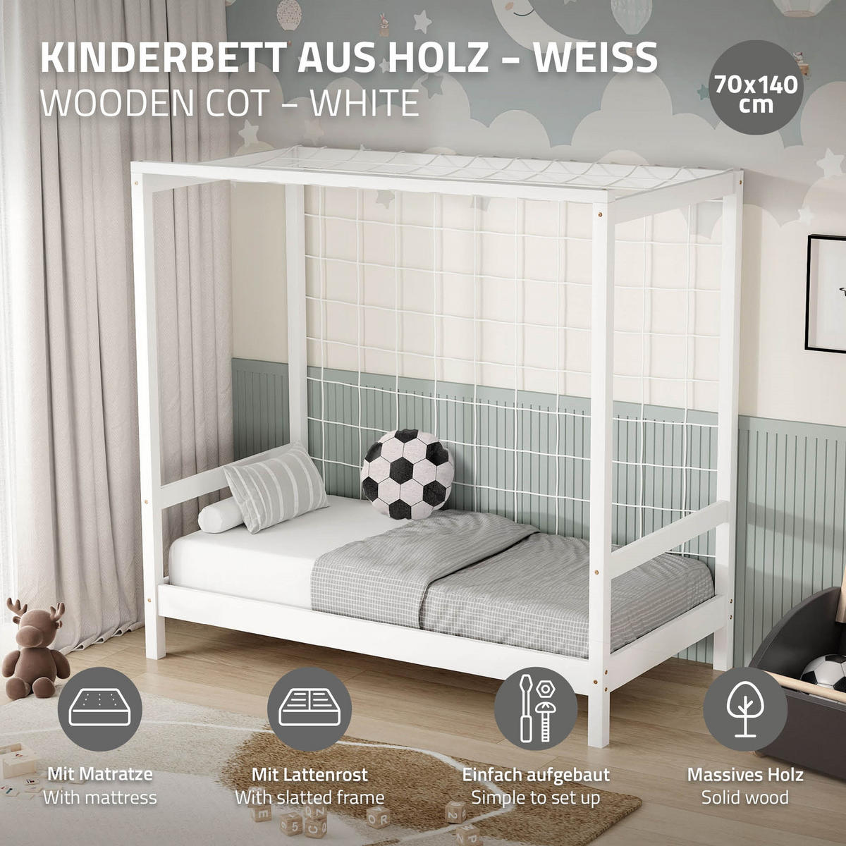 KINDERBETT Fußballtor mit Matratze 70x140 cm Weiß - Weiß, Holz (70/140cm) - ML-DESIGN