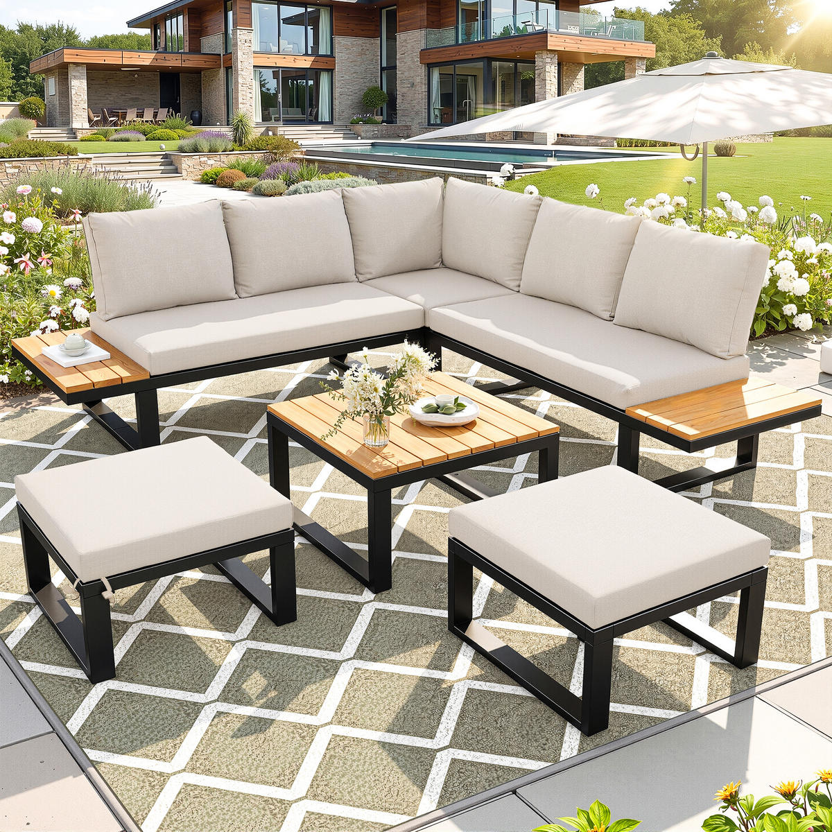GARTENLOUNGE 6tlg Grau Beige Ecksofa Tisch Hocker verstellbar - Beige, Metall - FLIEKS