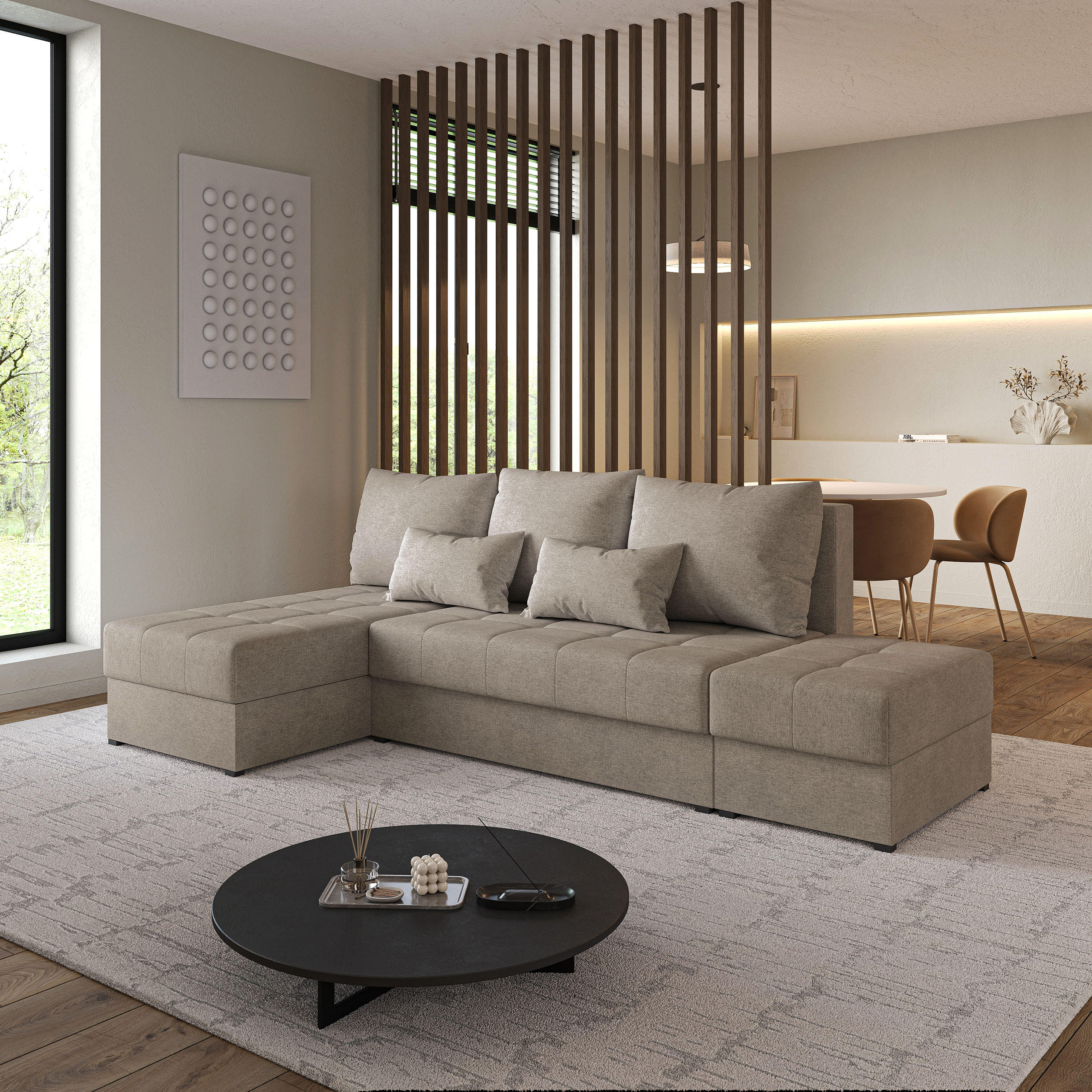 ECKSOFA NORVI Braun Geflochtener Stoff mit Schlaffunktion - Ecru, Holz (251/143cm) - MASSENO