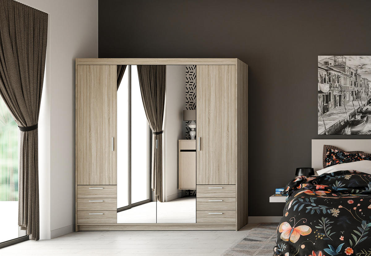 KLEIDERSCHRANK Storicos Sonoma Eiche 176,3/190,5/53 cm - 4T6S Modern mit Schubladen und Spiegel - Beige, Holzwerkstoff/Kunststoff (176.3/190.6/53cm) - AX Living