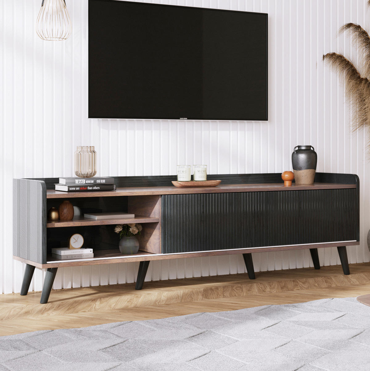 TV-LOWBOARD aus Spanplatte 160x40x58 cm Schwarz/Holzfarben mit Schiebetüren und Schubladen - Schwarz, Holzwerkstoff (160/58/40cm) - IVMEU