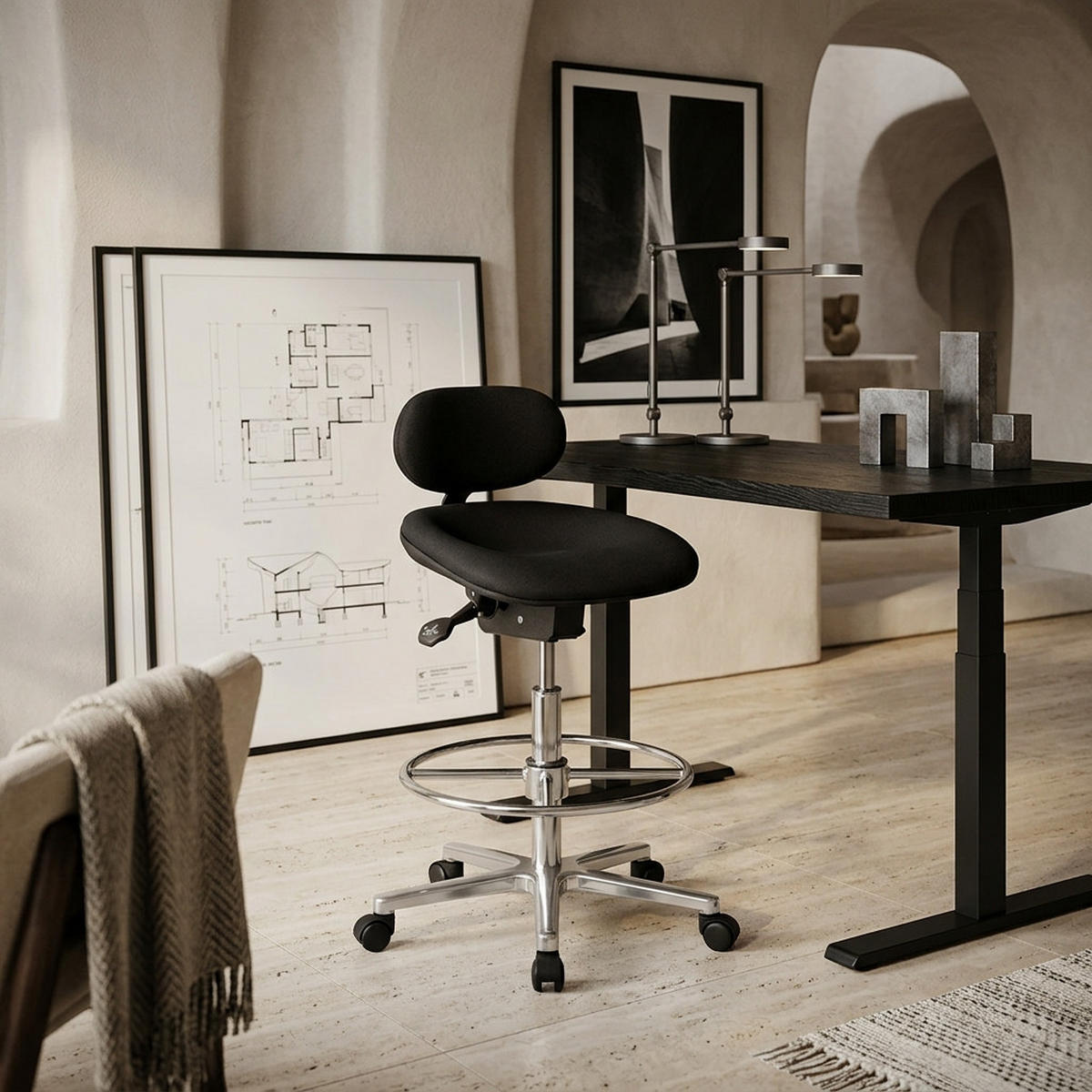 ARBEITSSTUHL Stoffbezug mit höhenverstellbarer Sitzfläche und Rückenlehne, Aluminium-Fußkreuz MODENA - Silberfarben/Schwarz, Textil/Metall (60/114/60cm) - KADIMA DESIGN