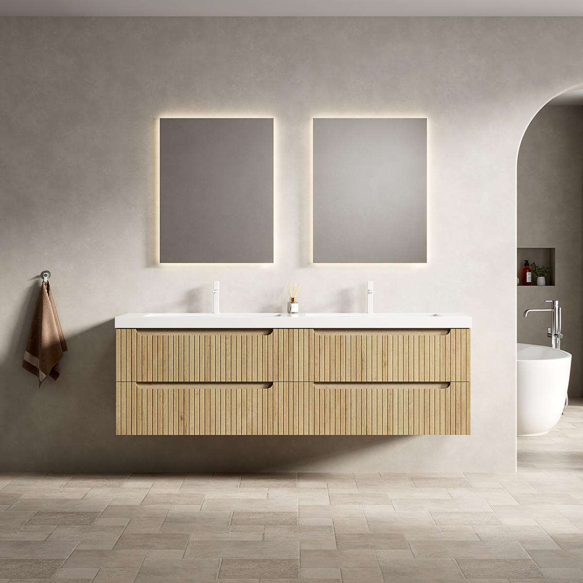 WASCHTISCHUNTERSCHRANK 160x46x53cm Weiß/Weißeiche mit Kunststeinbecken - Eichefarben, Kunststoff (160/53/46cm) - Modfu