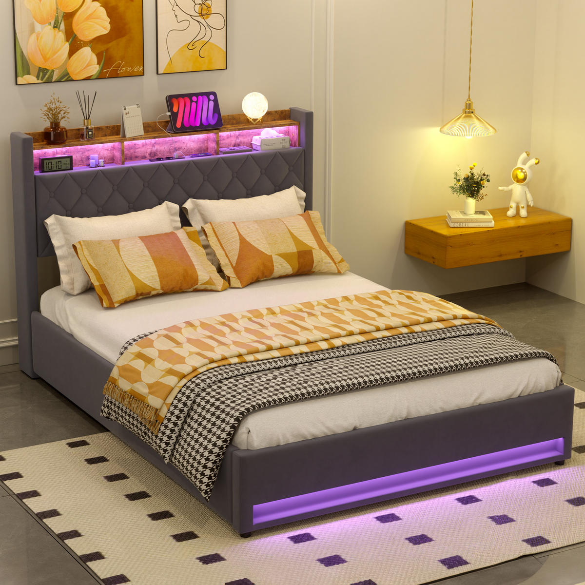 POLSTERBETT 160x200cm mit LED-Beleuchtung,mit Matratze,graues Bett - Grau, Holzwerkstoff/Textil (160/200cm) - EVRYAE